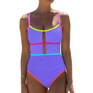 NWT Popvil Womens Purple Neon‎ Colorblock Cutout One Piece Swimsuit Size Small